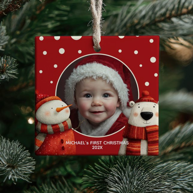 Ornement En Céramique Ours polaire mignon Rouge Premier Noël Bébé Photo (Créateur téléchargé)