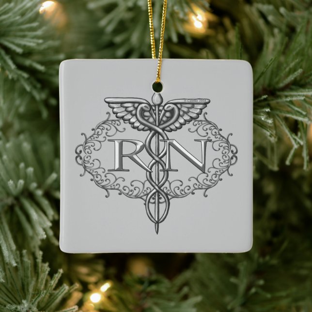 Ornement En Céramique Oval Silver Caduceus RN Nurse (Arbre)