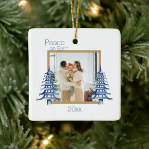 Ornement En Céramique Pagode Bleue Arbres de Noël 2-Photo Paix sur Terre