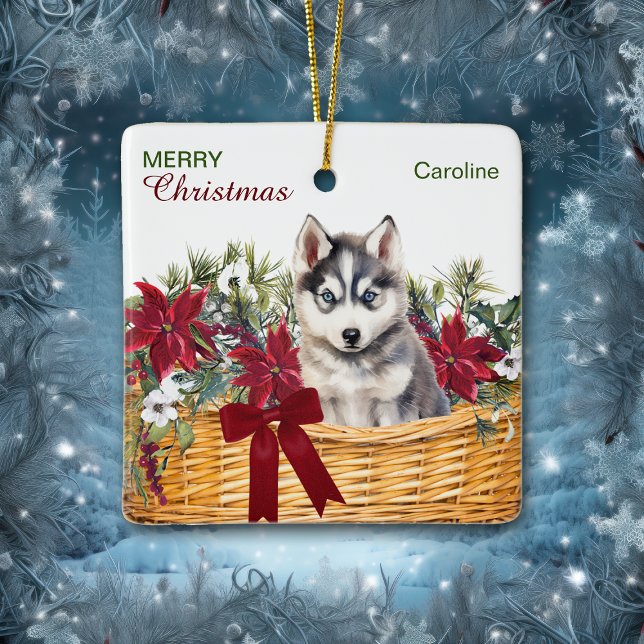 Ornement En Céramique Panier de Noël au poinsettia avec chiot husky sibé (Créateur téléchargé)
