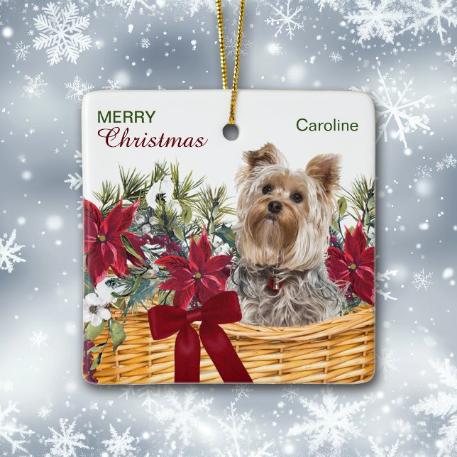 Ornement En Céramique Panier de Noël Poinsettia Yorkie Terrier (Créateur téléchargé)