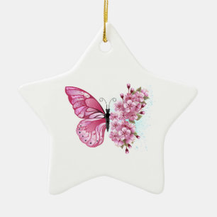Ornement En Céramique Papillon à fleurs avec Sakura rose