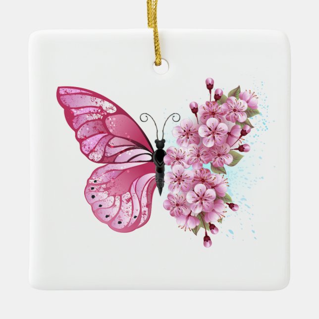 Ornement En Céramique Papillon à fleurs avec Sakura rose (Devant)