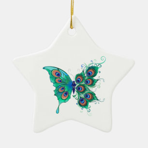 Ornement En Céramique Papillon aux plumes de paon vert