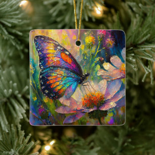 Ornement En Céramique Papillon Coloré et Fleurs Sauvages au Lever du Sol