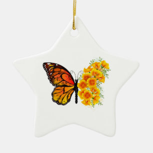 Ornement En Céramique Papillon Fleur avec Pavot de Californie Jaune