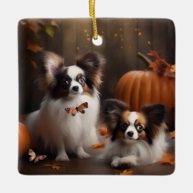 Ornement En Céramique Papillon Puppy Automne Citrouille de plaisir (Devant)