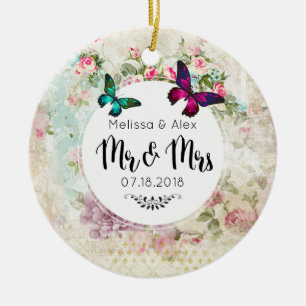 Ornement En Céramique Papillons sur Shabby Vintage Collage Mr et Mrs.