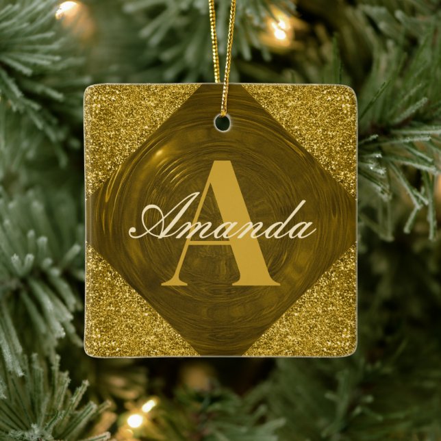 Ornement En Céramique Parties scintillant d'or moderne Monogramme fille (Arbre)