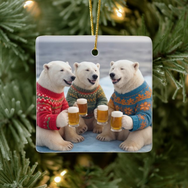 Ornement En Céramique Party Polar Bears Wearing Christmas Ugly Sweaters (Arbre)