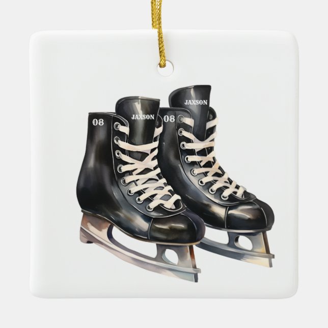 Ornement En Céramique Patinage de hockey nom et numéro personnalisés (Devant)