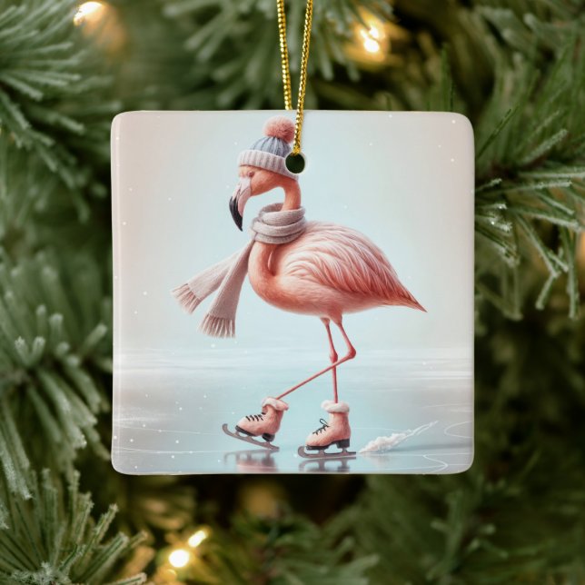 Ornement En Céramique Patinage sur glace Flamant rose rose (Arbre)