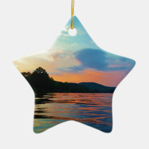 Ornement En Céramique Pêche et coucher de soleil sur le lac de montagne