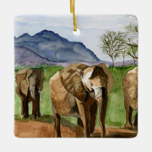 Ornement En Céramique Peinture d'aquarelle des éléphants africains
