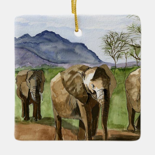 Ornement En Céramique Peinture d'aquarelle des éléphants africains (Devant)