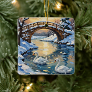 Ornement En Céramique Peinture de la famille des cygnes vintage sous un