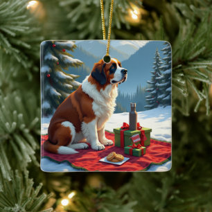 Ornement En Céramique Peinture de Noël Pique-Nique d'Hiver Saint-Bernard
