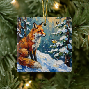 Ornement En Céramique Peinture de Noël Renard Rouge et Mésanges Vintage