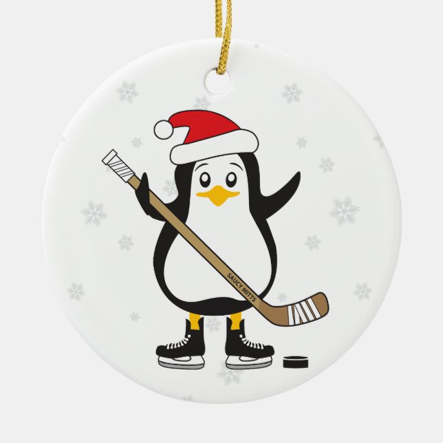 Ornement En Céramique Penguin de hockey de Noël (Devant)