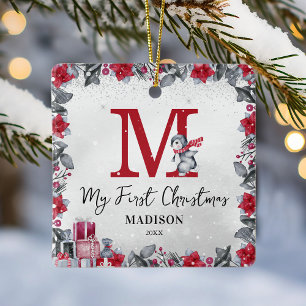 Ornement En Céramique Penguin Monogramme statistiques bébé premiers Noël