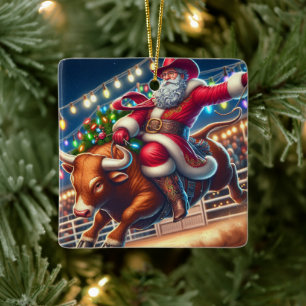 Ornement En Céramique Père Noël à cheval sur un rodéo Bull Noël