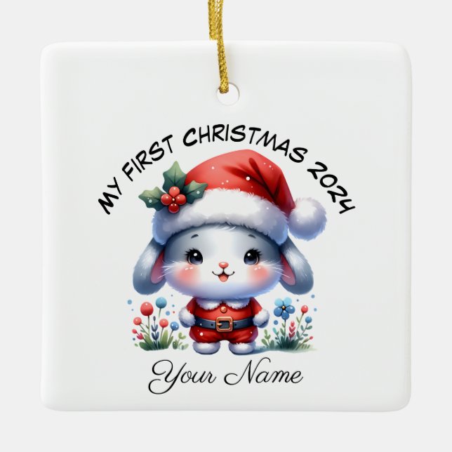 Ornement En Céramique Père Noël Bunny personnalisé Premier Noël (Devant)
