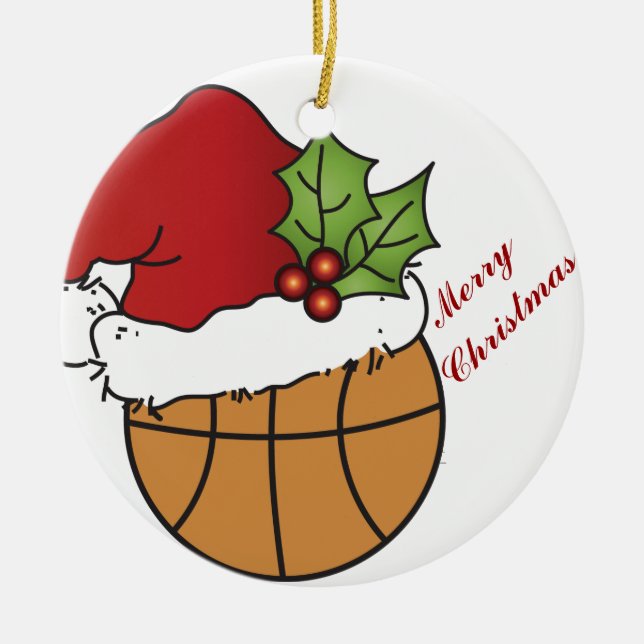 Ornement En Céramique Père Noël Casquette de Noël sur un basket-ball (Devant)