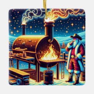 Ornement En Céramique Père Noël Cuisine Sur Le BBQ Pit 3 Noël