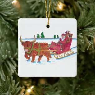 Ornement En Céramique Père Noël écossaise avec Highland Cow tirant traîn