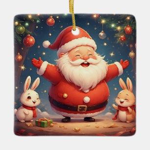 Ornement En Céramique Père Noël et deux lapins joyeux