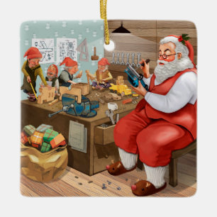 Ornement En Céramique Père Noël Et Elfes Fabriquent Des Jouets   Noël