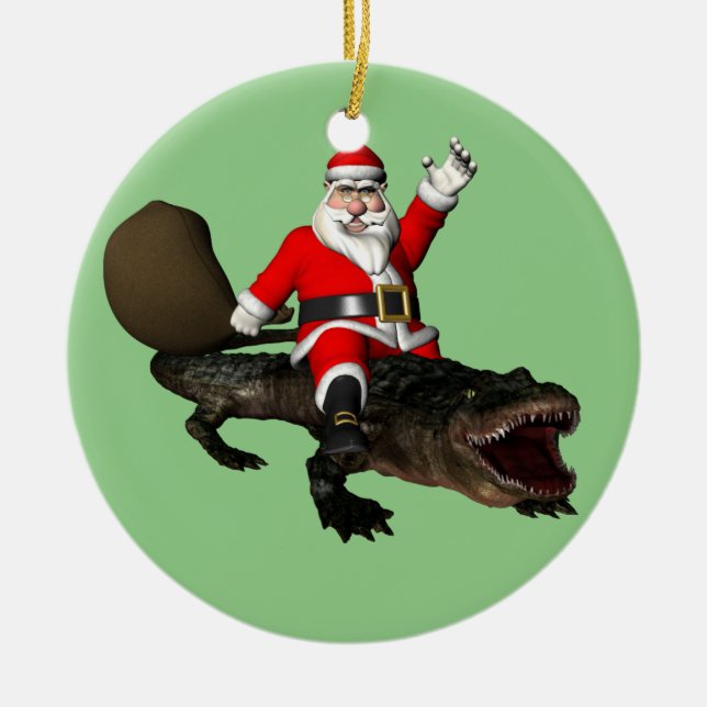 Ornement En Céramique Père Noël Festif Montant Un Alligator (Devant)
