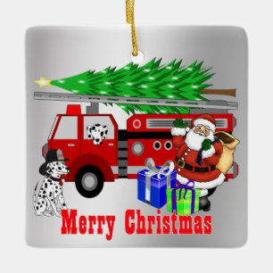 Ornement En Céramique Père Noël Fire Truck and Dogs Noël