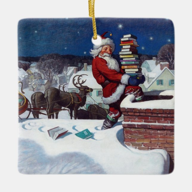 Ornement En Céramique Père Noël livre des livres à Noël (Devant)