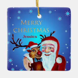 Ornement En Céramique Père Noël magique aquarelle Rudolph souriant