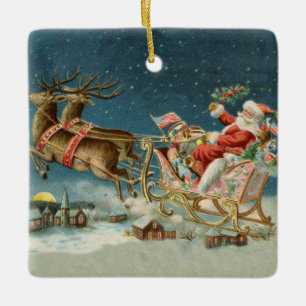 Ornement En Céramique Père Noël Noël Traîneau Antique Renne