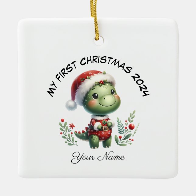 Ornement En Céramique Père Noël personnalisé Dinosaur premier Noël (Devant)