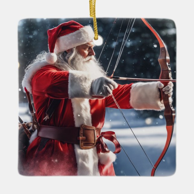 Ornement En Céramique Père Noël personnalisée faisant du tir à l'arc (Devant)