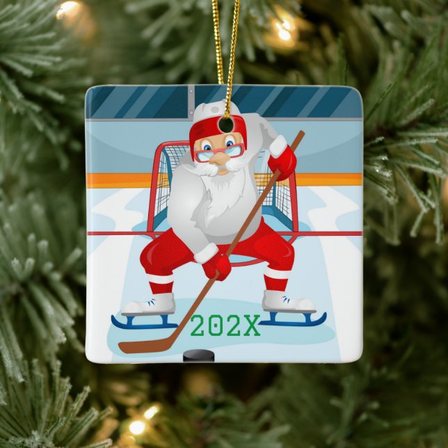 Ornement En Céramique Père Noël Personnalisée Jouant Au Hockey (Arbre)