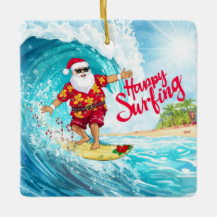 Ornement En Céramique Père Noël surfeur de Noël sur une grosse vague