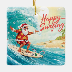 Ornement En Céramique Père Noël surfeur de Noël surfant sur une grosse v