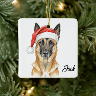 Ornement En Céramique Personalized Belgian Malinois Dog with Santa Hat