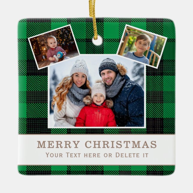 Ornement En Céramique Personalized Family 3 Photo Green Plaid Christmas  (Devant)