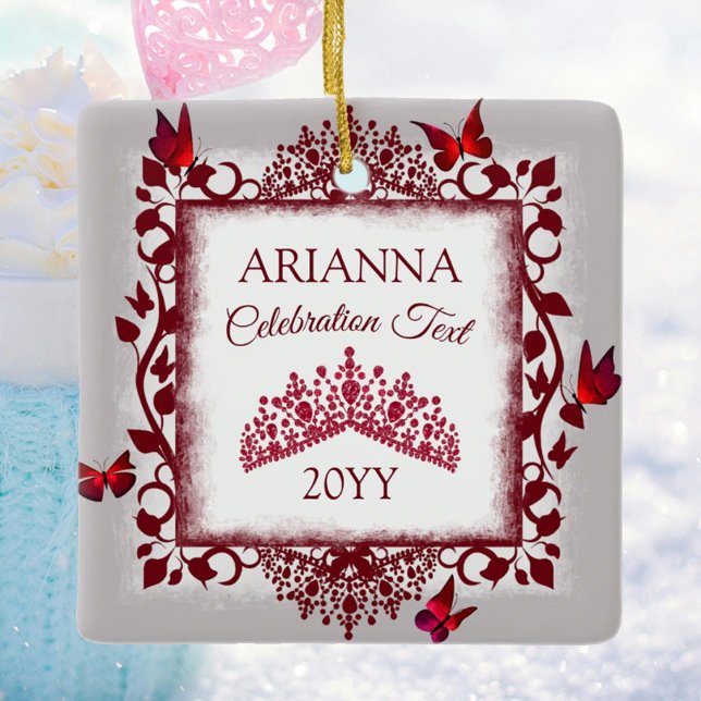 Ornement En Céramique Personalized Gray, Burgundy Red Tiara, Butterfly (personalized tree ornament with red butterflies and tiara, congratulations, commemorative gift)