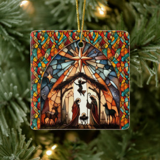 Ornement En Céramique Personalized Stained Glass Nativity Scene Christma