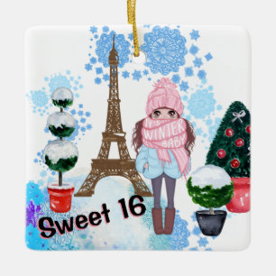 Ornement En Céramique Personalized Sweet 16 Paris Winter Eiffel Tower