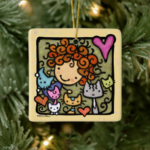 Ornement En Céramique Personnalisable mignonne Curly Girls Loves Cats