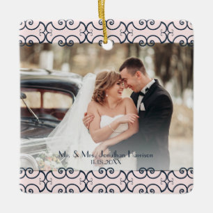 Ornement En Céramique Personnalisé 2 Photo Rose Gold Marine Mariage élég