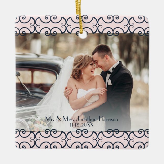 Ornement En Céramique Personnalisé 2 Photo Rose Gold Marine Mariage élég (Devant)