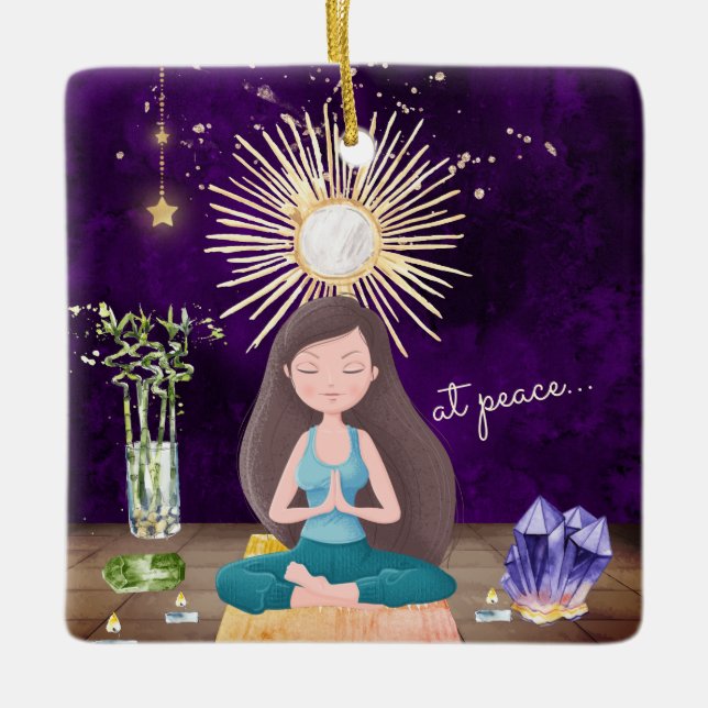 Ornement En Céramique Personnalisé À Peace Yoga Brunette Fille Noël (Devant)